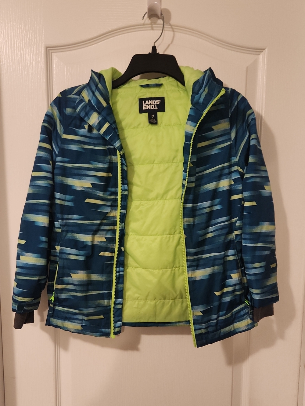 Lands' End Kids' Blue Striped Puffer Jacket with Lime Lining